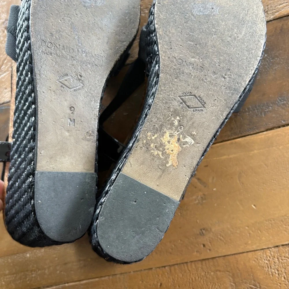 $198 DONALD PLINER Bowie Black Wedge Woven Sandals Cork Leather Made in Spain 9M